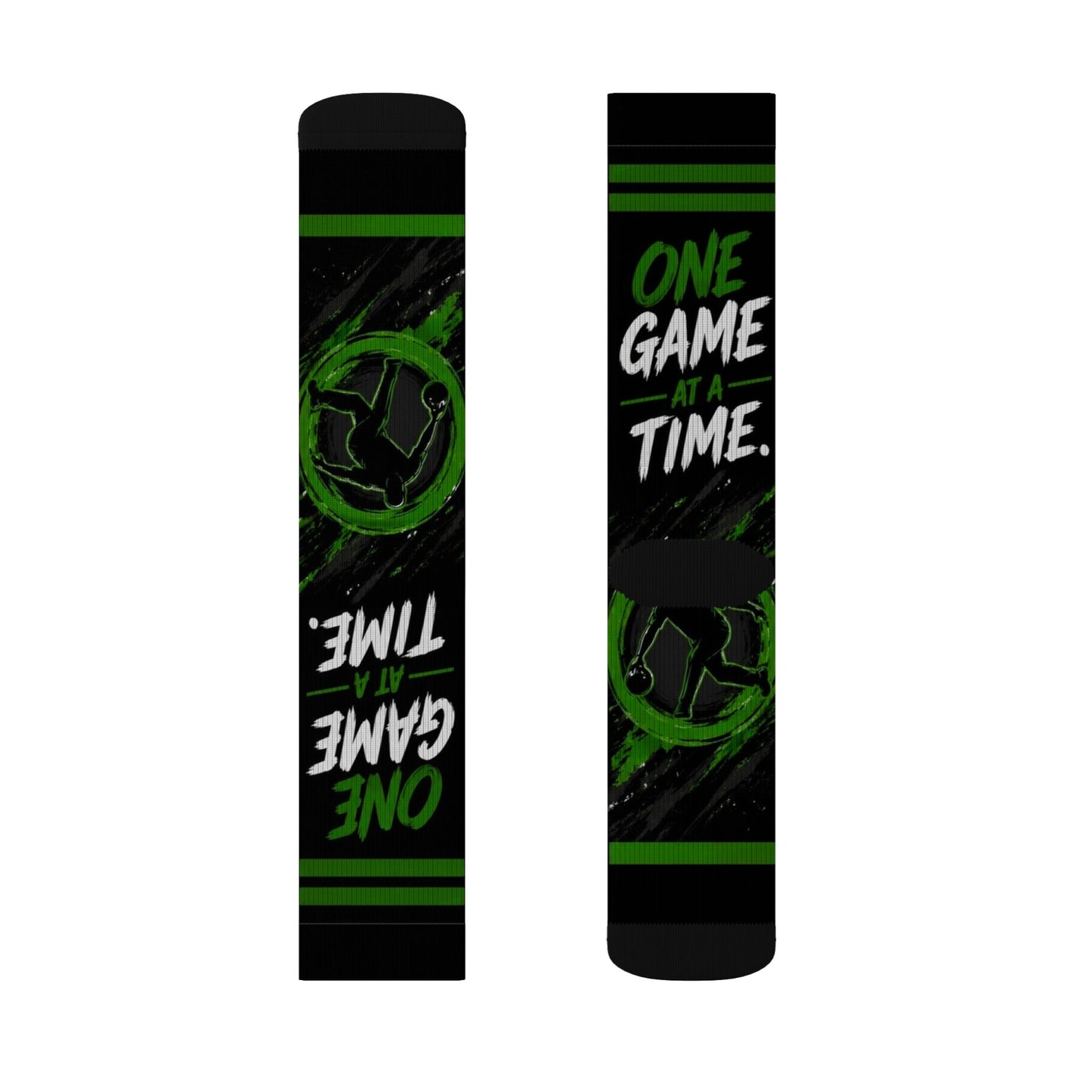 One Game at a Time Soccer Socks — Sublimation Athletic Crew Socks (Black & Green)