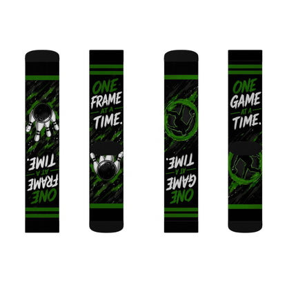 One Game at a Time Soccer Socks — Sublimation Athletic Crew Socks (Black & Green)