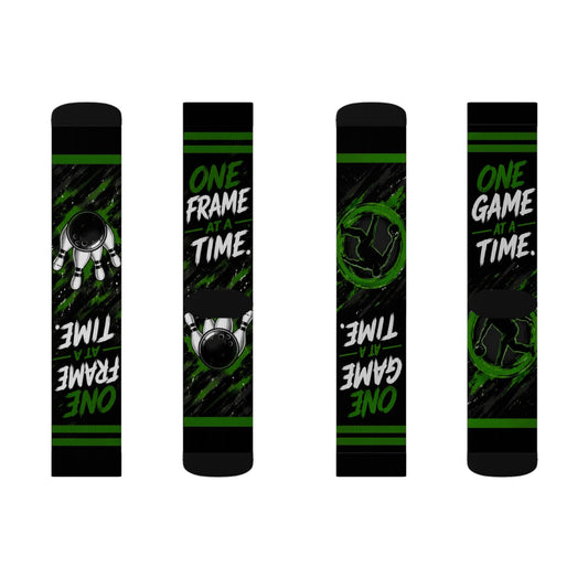 One Game at a Time Soccer Socks — Sublimation Athletic Crew Socks (Black & Green)