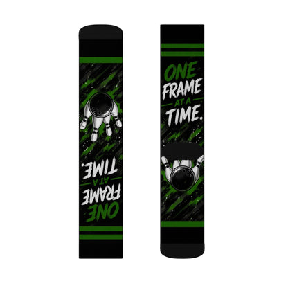 One Game at a Time Soccer Socks — Sublimation Athletic Crew Socks (Black & Green)