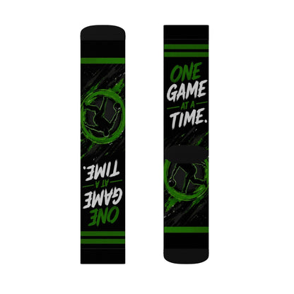 One Game at a Time Soccer Socks — Sublimation Athletic Crew Socks (Black & Green)