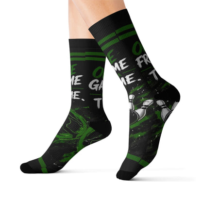 One Game at a Time Soccer Socks — Sublimation Athletic Crew Socks (Black & Green)